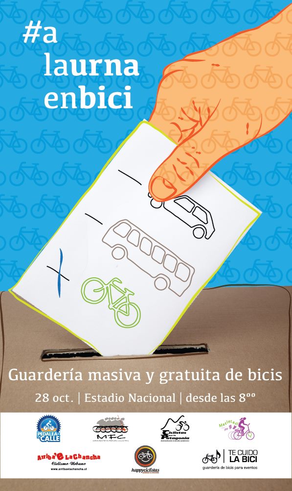 Afiche de #aLaUrnaEnBici, guardería de bicis en el Estadio Nacional, octubre 2012
