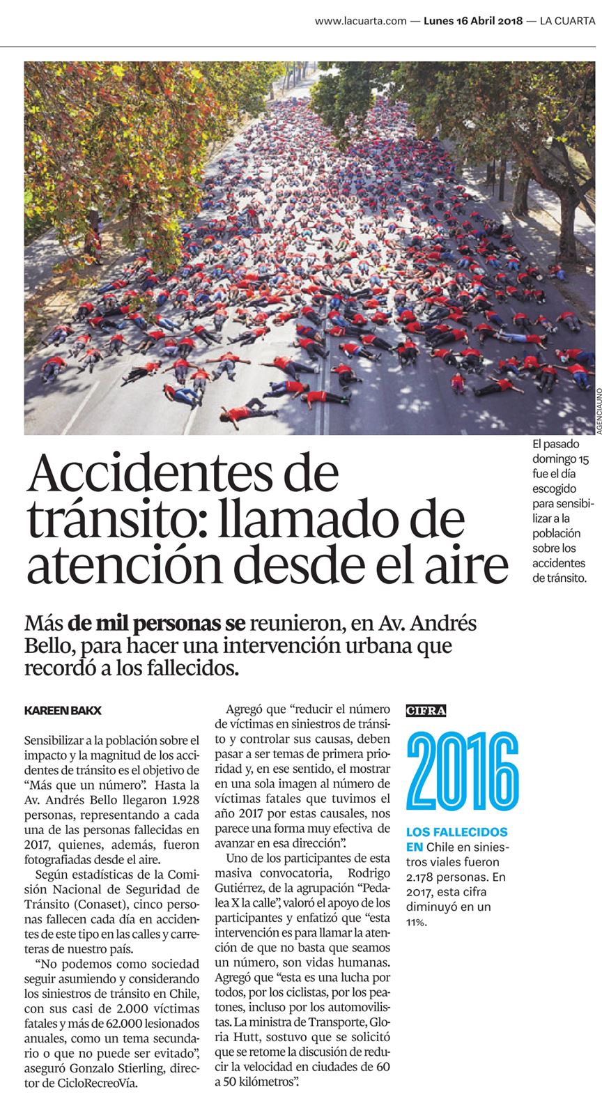 Recorte del Diario La Cuarta sobre #MasQueUnNumero1928, 2018